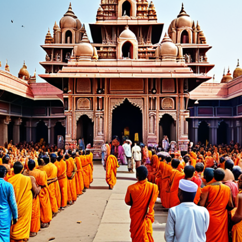 Home 15 **Donation at a Hindu temple:** A bustling scene at a large Hindu temple in India. Devotees are donating money and food to the temple's charity. In the foreground, priests are distributing alms to the poor and needy. The architecture is intricate, with vibrant colors. The atmosphere is one of devotion and generosity.
