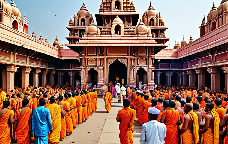 **Donation at a Hindu temple:** A bustling scene at a large Hindu temple in India. Devotees are donating money and food to the temple's charity. In the foreground, priests are distributing alms to the poor and needy. The architecture is intricate, with vibrant colors. The atmosphere is one of devotion and generosity.