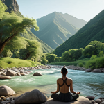 **A serene landscape featuring a person meditating peacefully in nature. Soft, diffused lighting highlights the beauty of the natural surroundings: mountains, a flowing river, and lush greenery. The overall mood is one of tranquility and spiritual connection.**
