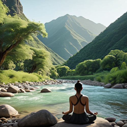 Home 14 **A serene landscape featuring a person meditating peacefully in nature. Soft, diffused lighting highlights the beauty of the natural surroundings: mountains, a flowing river, and lush greenery. The overall mood is one of tranquility and spiritual connection.**