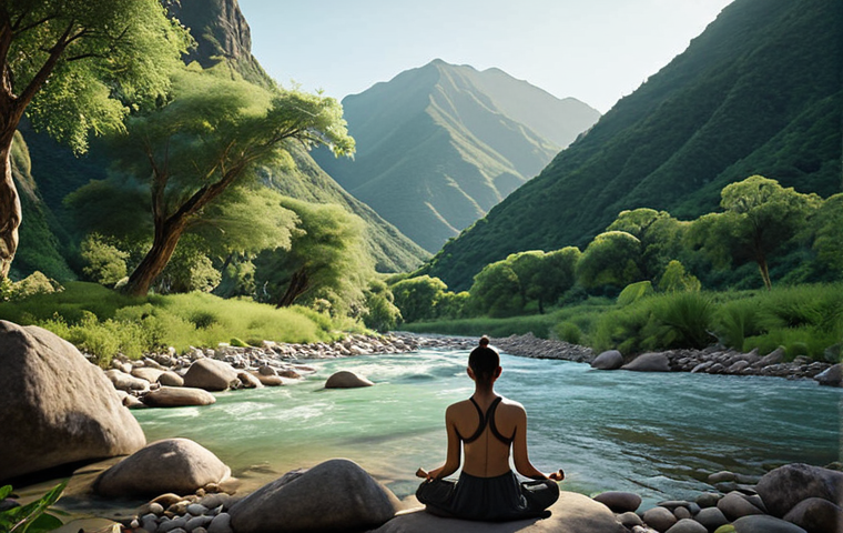 **A serene landscape featuring a person meditating peacefully in nature. Soft, diffused lighting highlights the beauty of the natural surroundings: mountains, a flowing river, and lush greenery. The overall mood is one of tranquility and spiritual connection.**