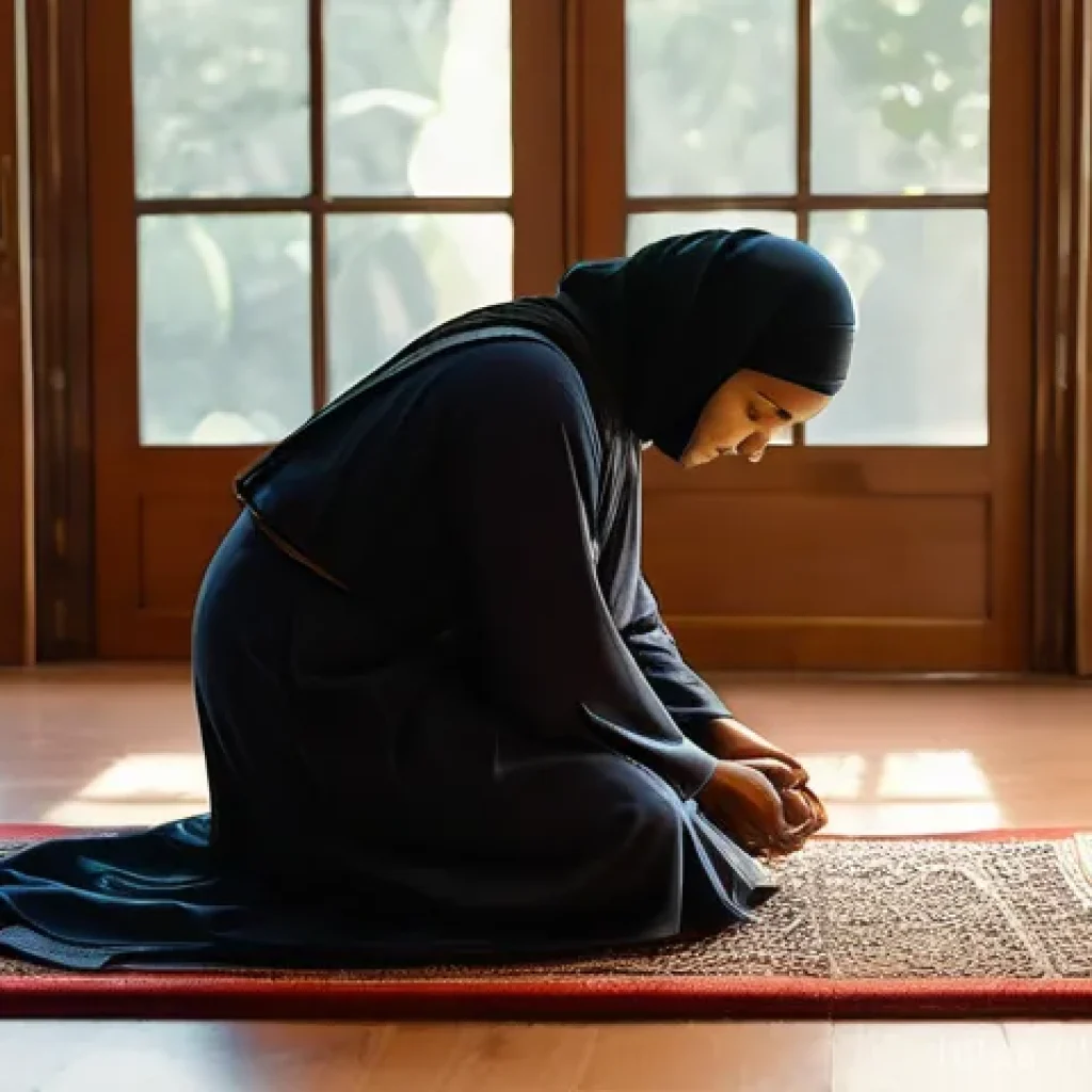 이슬람 5대 의무 - **Prompt:** A serene and deeply spiritual scene depicting a Muslim individual (gender-neutral) in re...