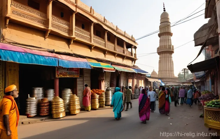 국가별 주요 종교 - **Prompt:** "A vibrant, bustling street scene in an Indian city, bathed in warm golden hour light. P...