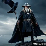 북유럽 신화와 바이킹의 신앙 - A majestic portrayal of Odin, the Norse god of wisdom, war, and death, standing on a rocky cliff shr...