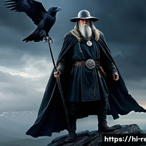 북유럽 신화와 바이킹의 신앙 - A majestic portrayal of Odin, the Norse god of wisdom, war, and death, standing on a rocky cliff shr...