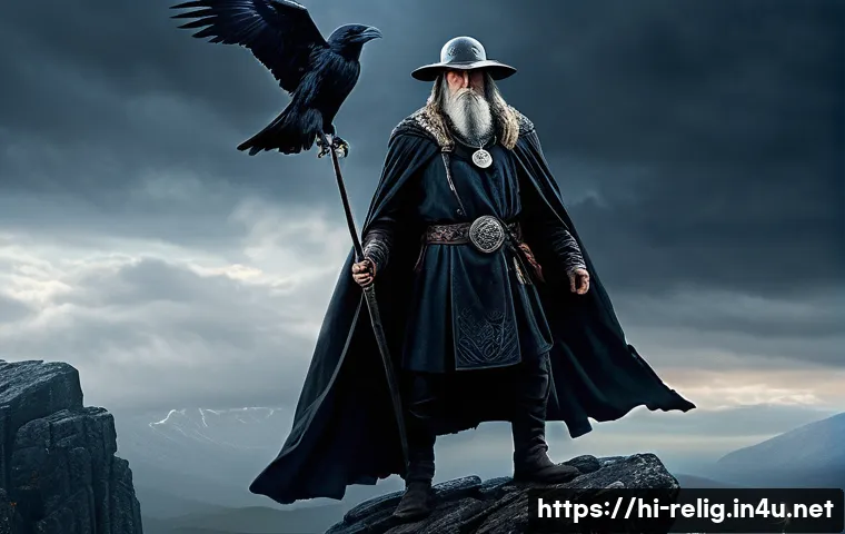 북유럽 신화와 바이킹의 신앙 - A majestic portrayal of Odin, the Norse god of wisdom, war, and death, standing on a rocky cliff shr...