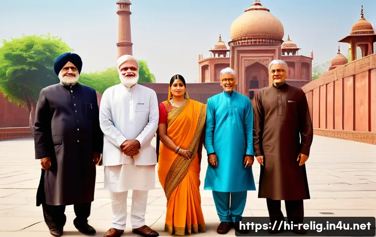 종교와 윤리  현대 사회의 도전 - A diverse group of Indian people, representing various ages and genders, engaged in a respectful int...