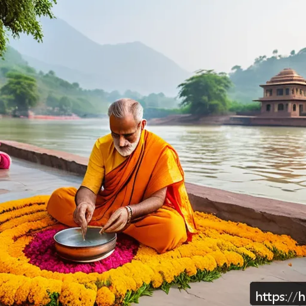 종교와 환경 보호 운동 - A serene Hindu temple courtyard during a traditional Ganga Puja ceremony, vibrant marigold garlands ...