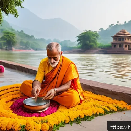 종교와 환경 보호 운동 - A serene Hindu temple courtyard during a traditional Ganga Puja ceremony, vibrant marigold garlands ...