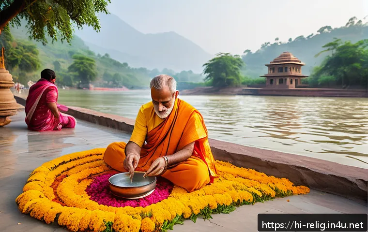 종교와 환경 보호 운동 - A serene Hindu temple courtyard during a traditional Ganga Puja ceremony, vibrant marigold garlands ...