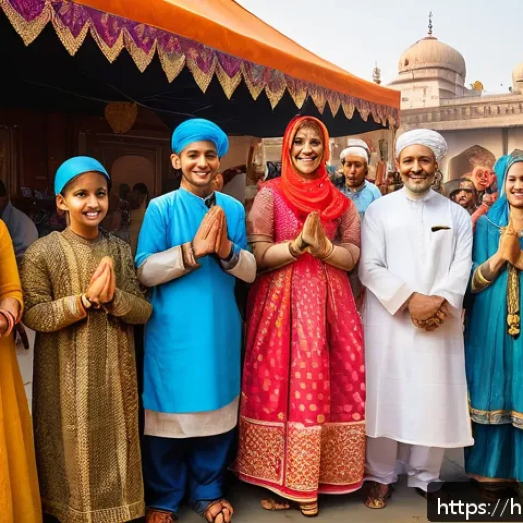 종교적 관용과 다문화주의 - A vibrant multicultural festival scene in an Indian city, featuring diverse groups of people dressed...