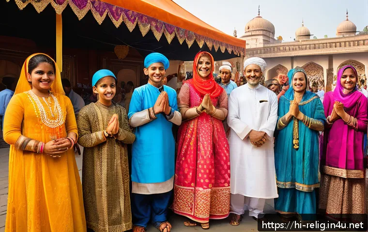 종교적 관용과 다문화주의 - A vibrant multicultural festival scene in an Indian city, featuring diverse groups of people dressed...